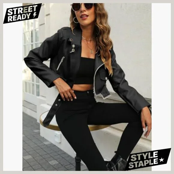 Cropped Faux Leather Jacket Bomber Zip Up Moto Coat with Pockets - Picture 2 of 6